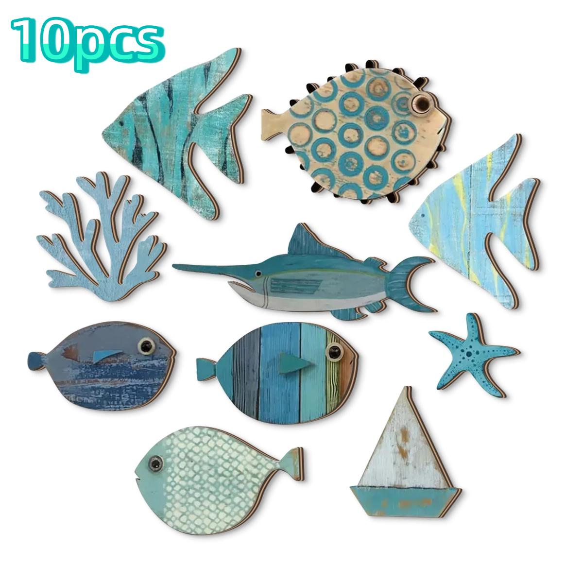 

10 штук Деревянный декор для стен в океанском стиле ручной работы: Рыба, Коралл, Морская звезда, Парусник, Набор, Дом, Ванная комната, Прибрежный стиль, Искусство, Украшение для дома
