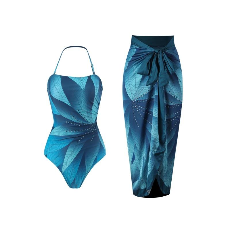 

Элегантный слитный купальник с принтом синих листьев, женский модный купальник с высокой талией и вырезом-стойкой, французский закрытый бикини для живота S