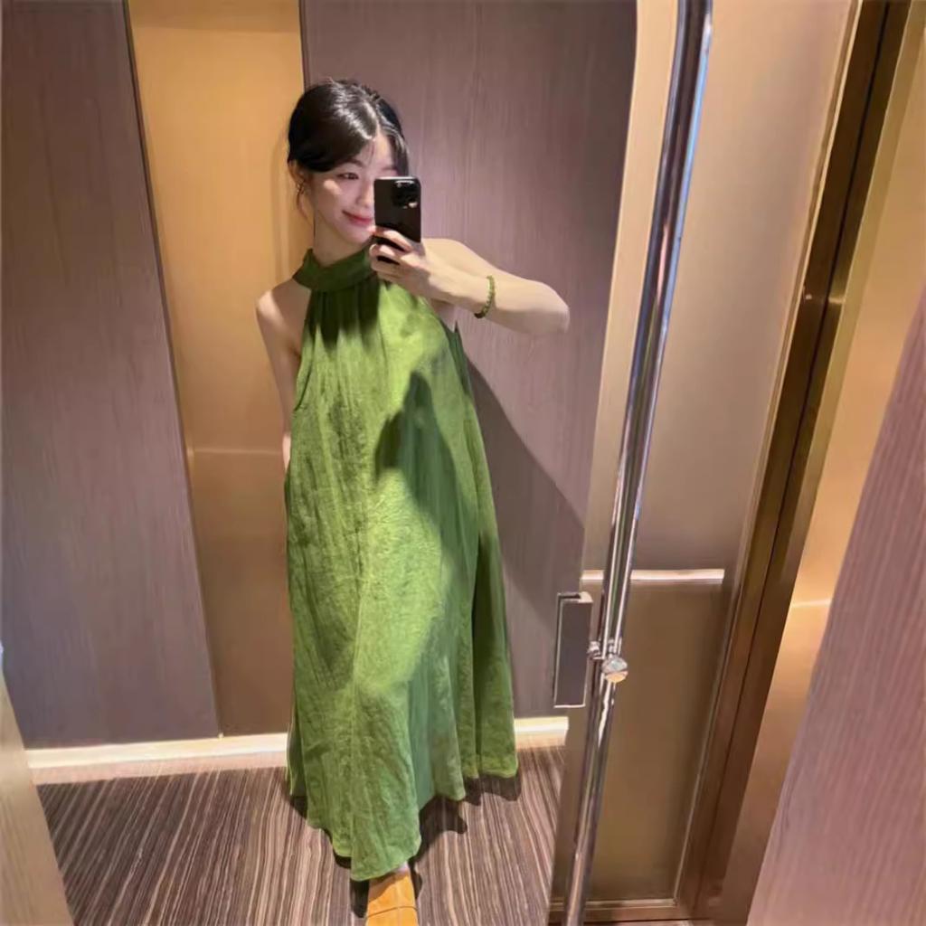French high-end green neck sling dress children's summer new seaside vacation temperament dress