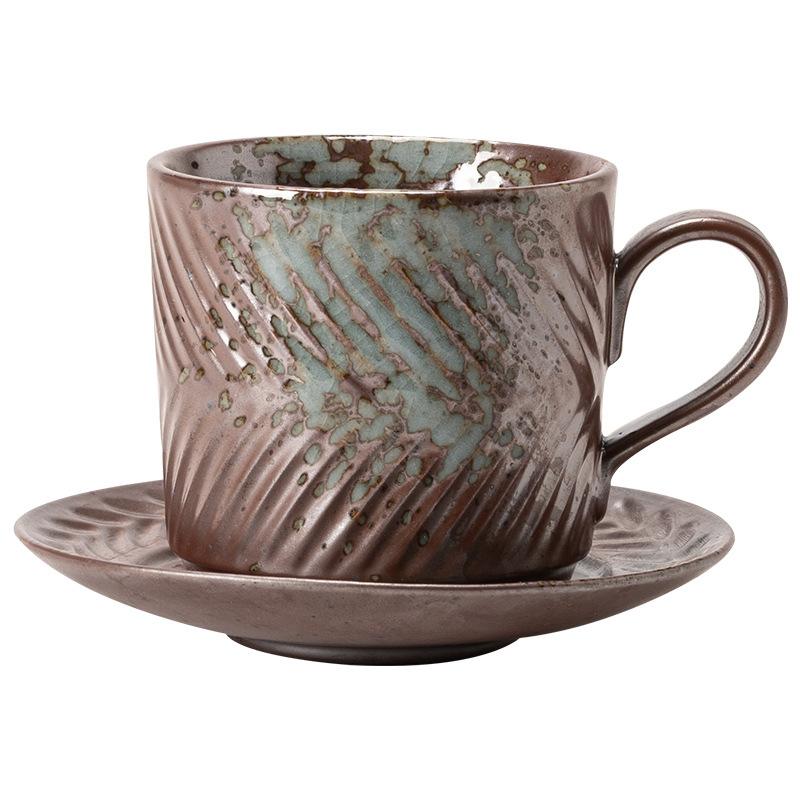 

Japanese creative coarse pottery coffee cup saucer retro coffee cup ++ glaze relief red tea cup water cup breakfast cup 280ml