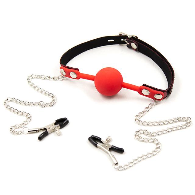 Silicone Mouth Gag Chain Nipple Clamp BDSM Bondage Sex Toy For SM Game