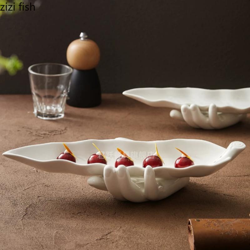Hand Leaf Decorative Plate Ceramic Dinner Plates Snack Tray Fruit Bowl Dim Sum Dish Sushi Plate Dessert Plates Display Stand