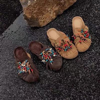 Koeienhuid versie handgemaakte kralen franje halve klomp zomer zachte zool Boken schoenen dikke zool kleine koe anti-fluweel tas hoofd klomp vrouwen