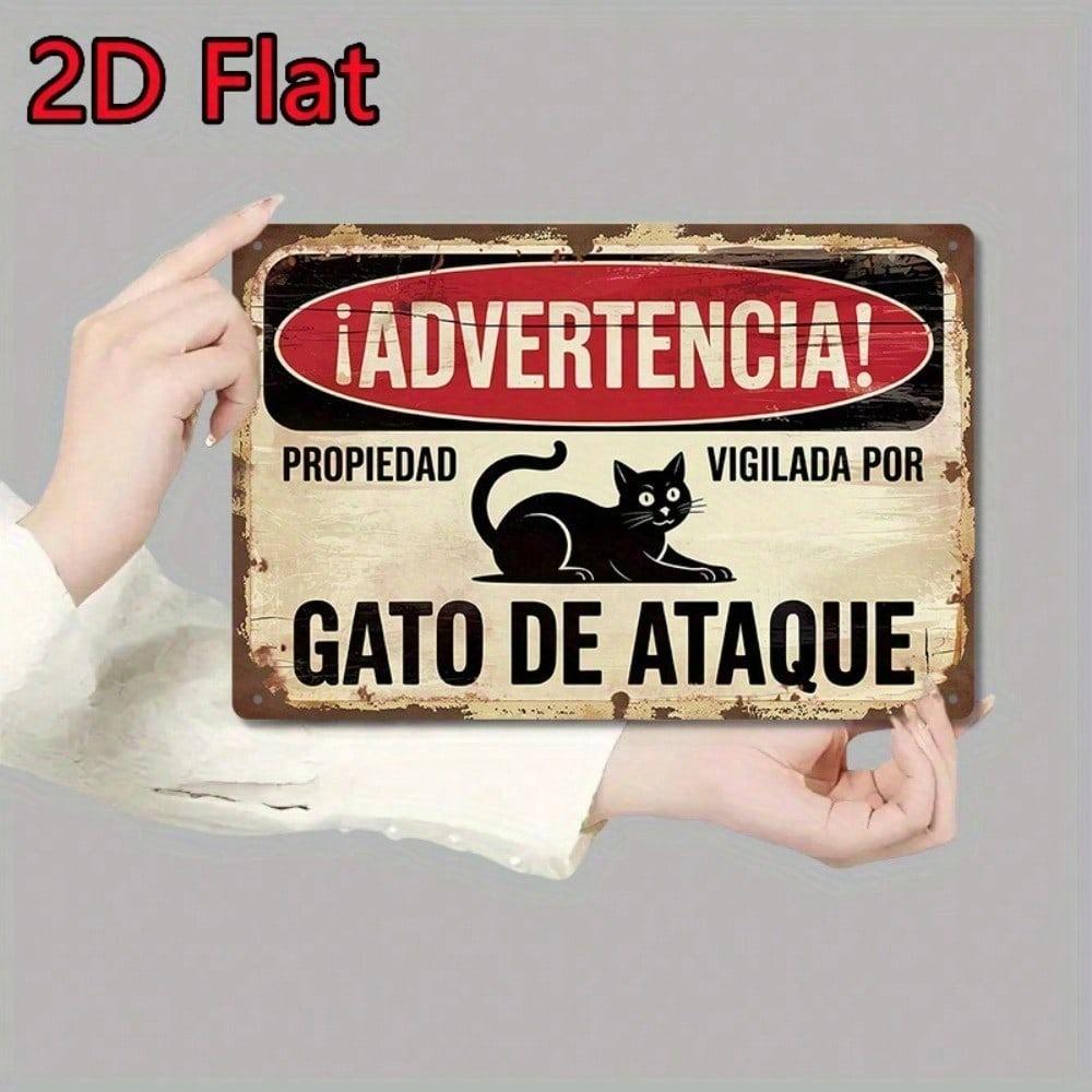 Vintage Spanish Warning Attack Cat Metal Sign, Funny Beware Violent Cat Plaque, Rustic Iron Wall Art for Office Cafe
