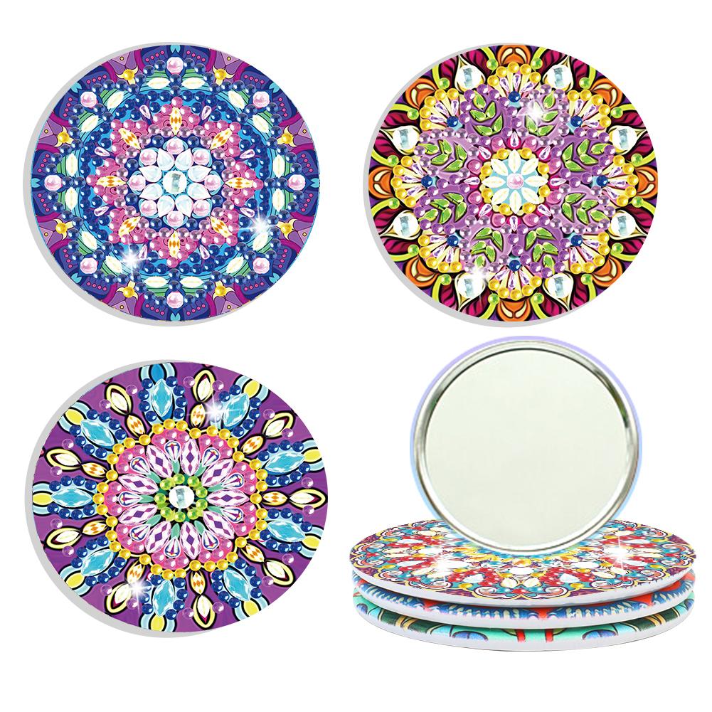 Rhinestone Embroidery Mosaic Makeup Mirror 3pcs Portable DIY Diamond Art Mosaic Makeup Mirror Art Craft Set Datura Pocket Mirror