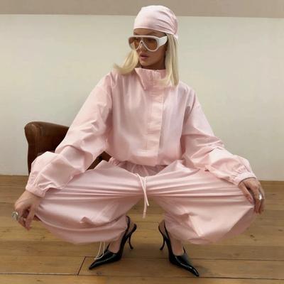 Womens Oversized High-Neck Zip-Up Utility Set With Drawstring Wide-Leg Pants Nylon Blend Casual Two-Piece Outfit