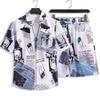 Men's Summer Japanese Trend Newspaper Print Shirt & Floral Beach Shorts Set
