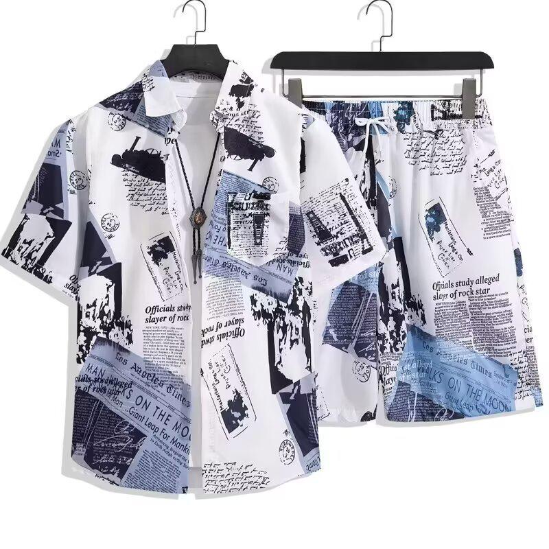 Men's Summer Japanese Trend Newspaper Print Shirt & Floral Beach Shorts Set