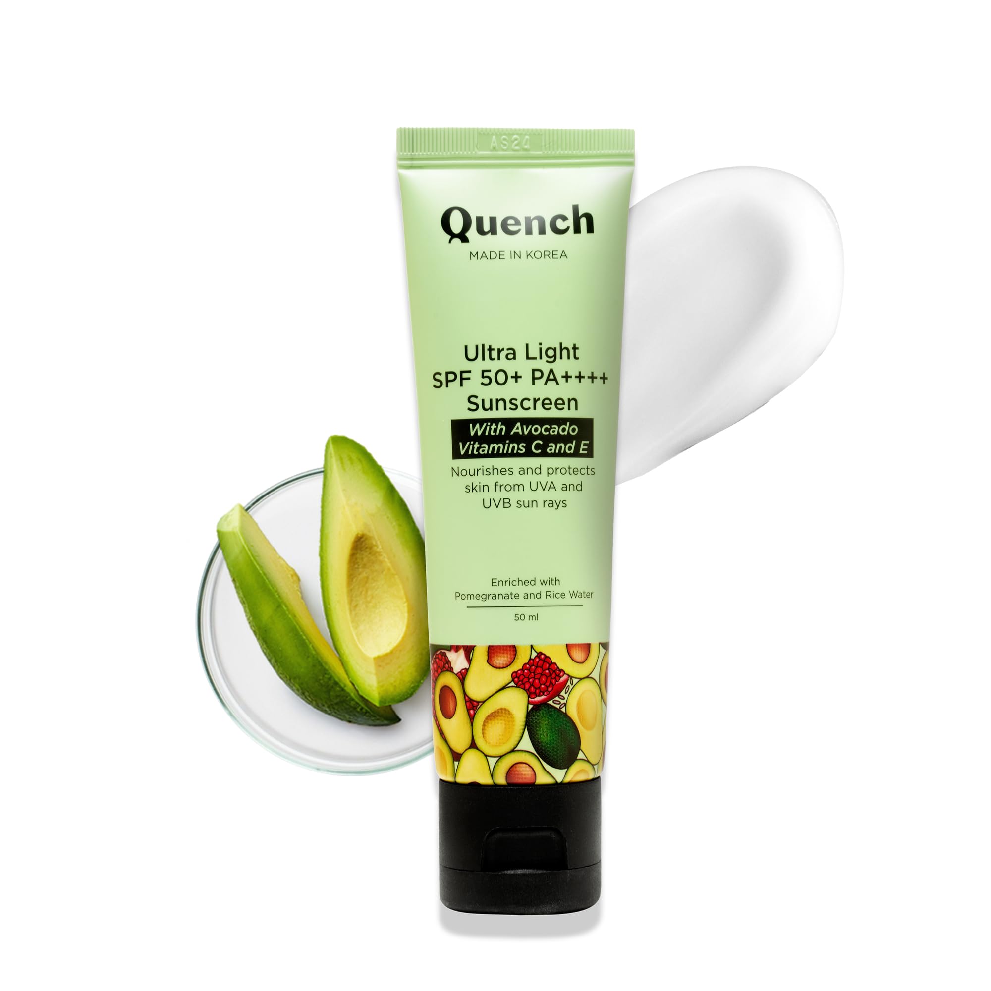 

QUENCH BOTANICS Bravocado SPF 50+ PA++++ Korean Sunscreen With Vitamin E & Avocado For Glowing Skin, Lightweight & Non-Sticky, UVA & UVB Protecti