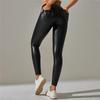 Teplé zimní PU kožené jógové kalhoty jednobarevné posilovací legíny s kapsami sportovní fitness legíny