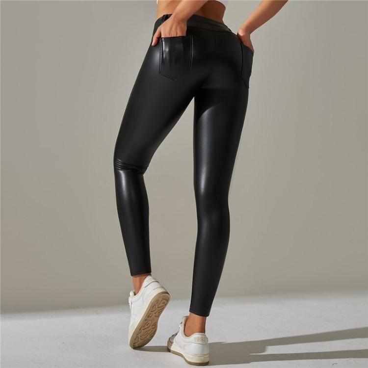 Teplé zimní PU kožené jógové kalhoty jednobarevné posilovací legíny s kapsami sportovní fitness legíny