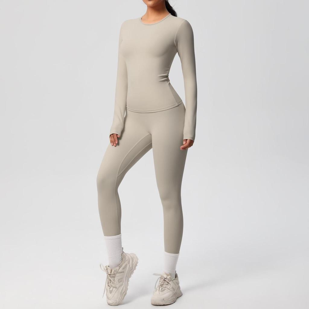 Dual-Sided Solid Color Long-Sleeve Yoga and Running Set - Two-Piece Fitness Outfit