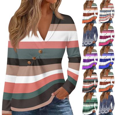 Women's T-Shirt Print V-Neck Button Ruffle Long Sleeve Top