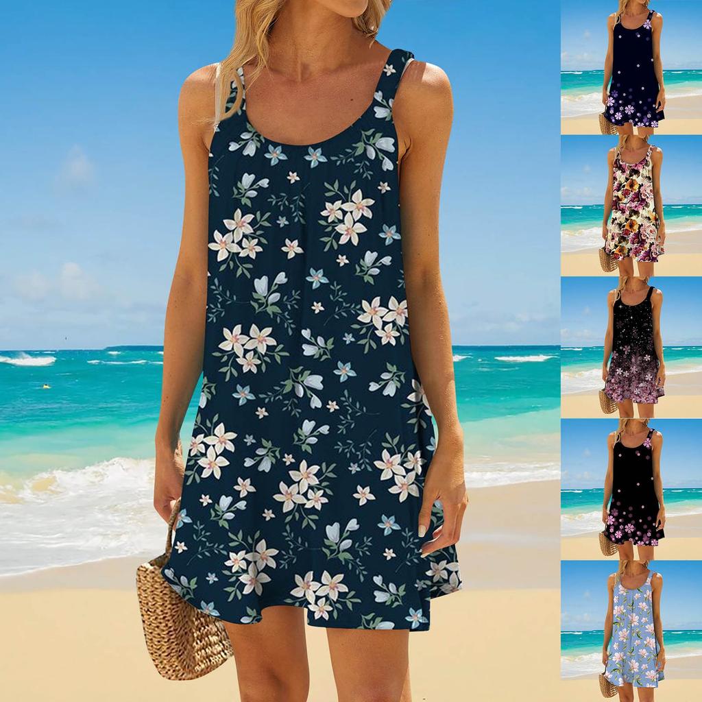 Dámské módní letní plážové ležérní šaty s potiskem bez rukávů