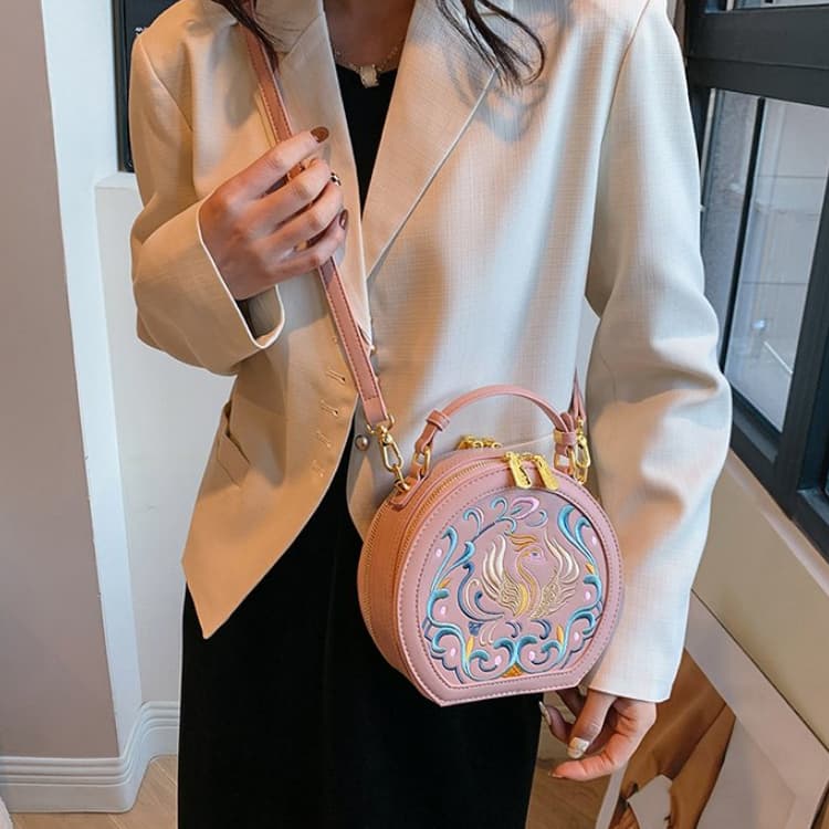 Vintage Embroidery Round Shoulder Bag, Zipper Handbag, Classic Trend Niche Satchel Bag