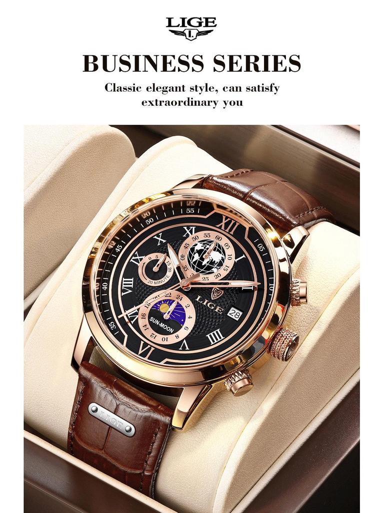 LIGE Men's Quartz Multifunctional Waterproof Watch - Three-Eye Six-Hand Design