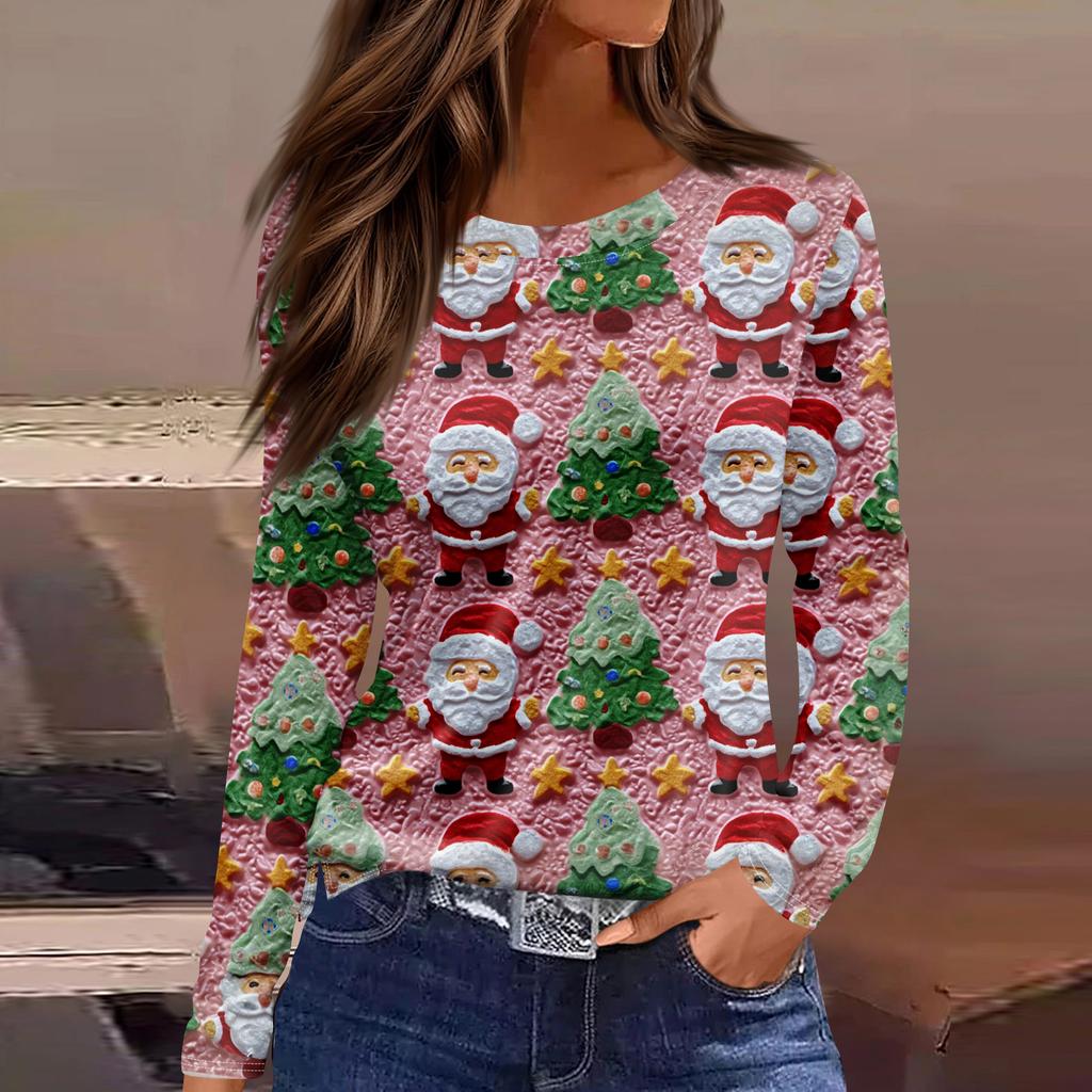 Women's Fashion Hem Slit Casual Christmas Printed Round Neck Long Sleeve Top