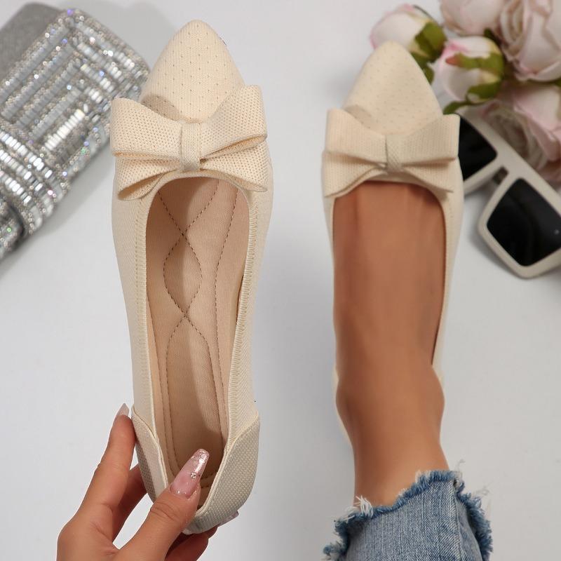 Pantofi unici cu vârf ascuțit, fund plat elegant, tricotat cu fundă, cu decolteu mic, pantofi de lucru lejeri din tricot fly pentru femei