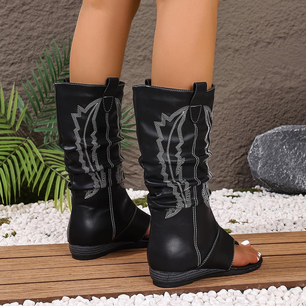 Fashion Embroidered Clip-Toe Wedge Heel Stylish Breathable Western Boots Casual and Versatile Commuter Holiday Boots