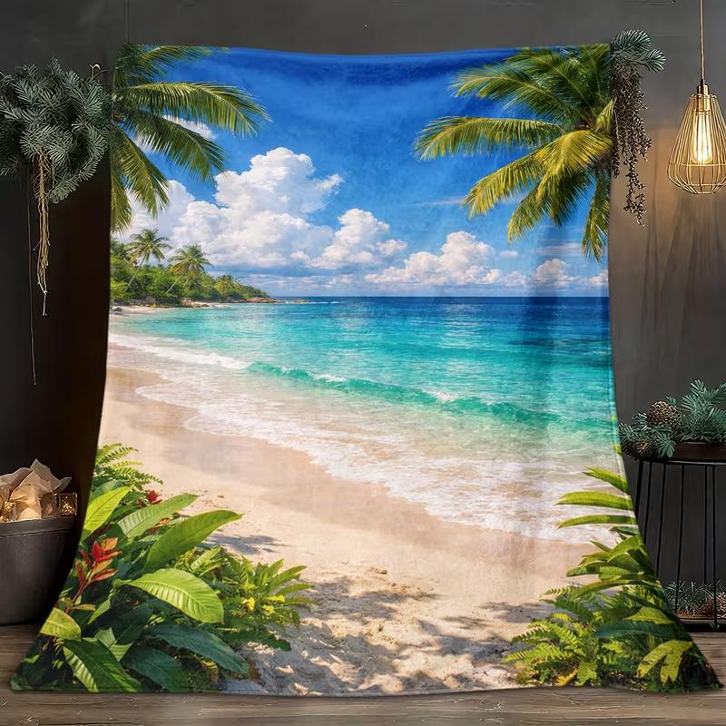 Tropical Palm Tree Beach Ocean Blanket Blue Sky White Cloud Seaside Scenery Print Soft Cozy Blanket for Sofa Bed Couch