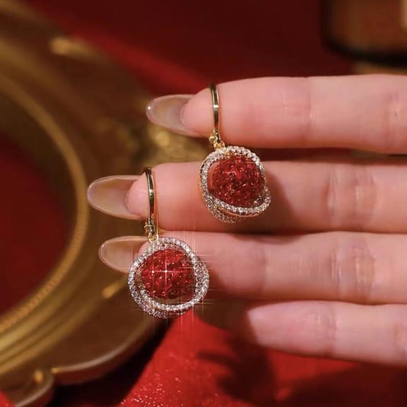 Luxurious Red Rhinestone Ball Unique Design Earrings for Women Fashion Personalized Accessories New Year's Gift Party Jewelry