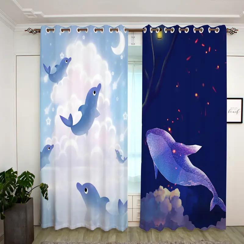 2 szt. Zasłony z motywem oceanu i wzorem ryb, dekoracyjne zasłony okienne z tunelem na karnisz, dekoracje okienne do sypialni, salonu, wystroju domu