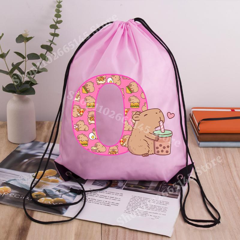Capibara Girls Drawstring Backpack Cute Capybara Letter A-Z Storage Bag Kids Outdoor Sport Travel Rucksack Children Gifts