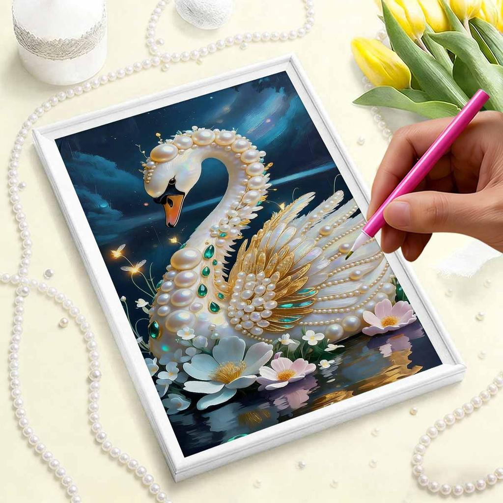 5D DIY Frameless Pearl Painting Swan Pattern Painting Kit, Suitable for Home Living Room Bedroom and Other Wall Decoration Art Paintings