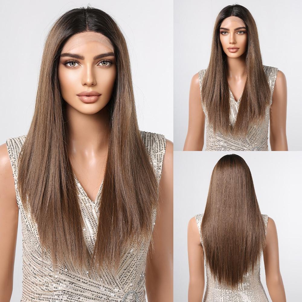 LOUIS FERRE Brown Blonde Ombre Synthetic Lace Front Wig Long Straight Fake Hair Wig for Women Daily Cosplay Lace Wig With Bangs