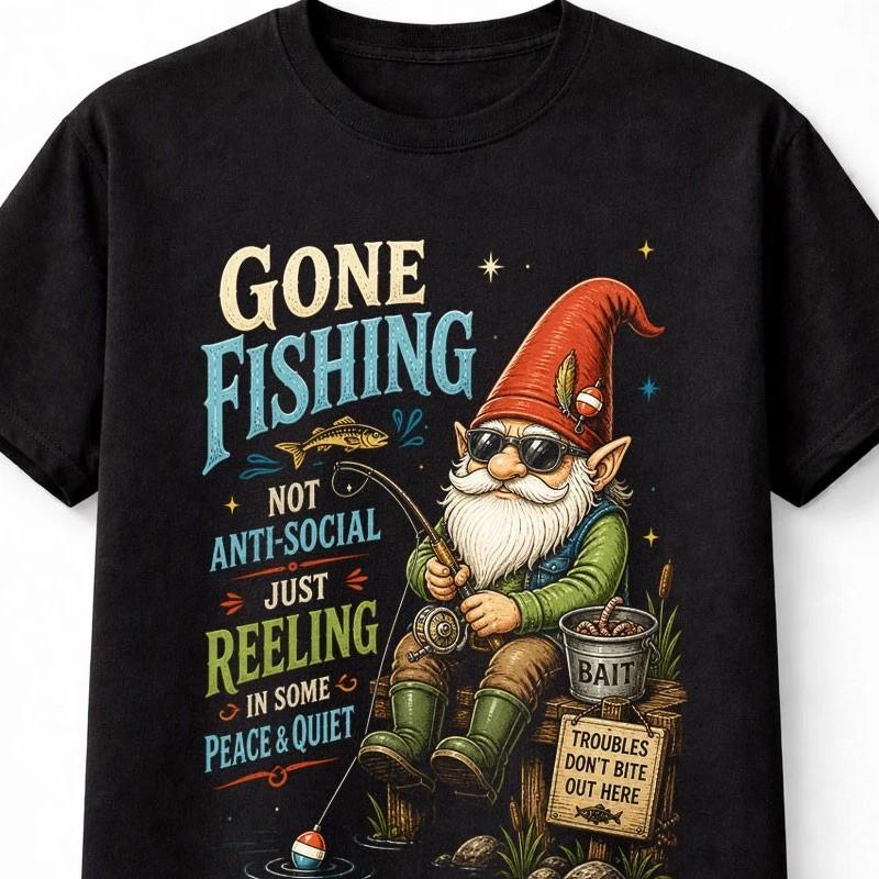 Gone Fishing Gnome Funny Fishing Humor Angler Graphic Unisex TShirt S