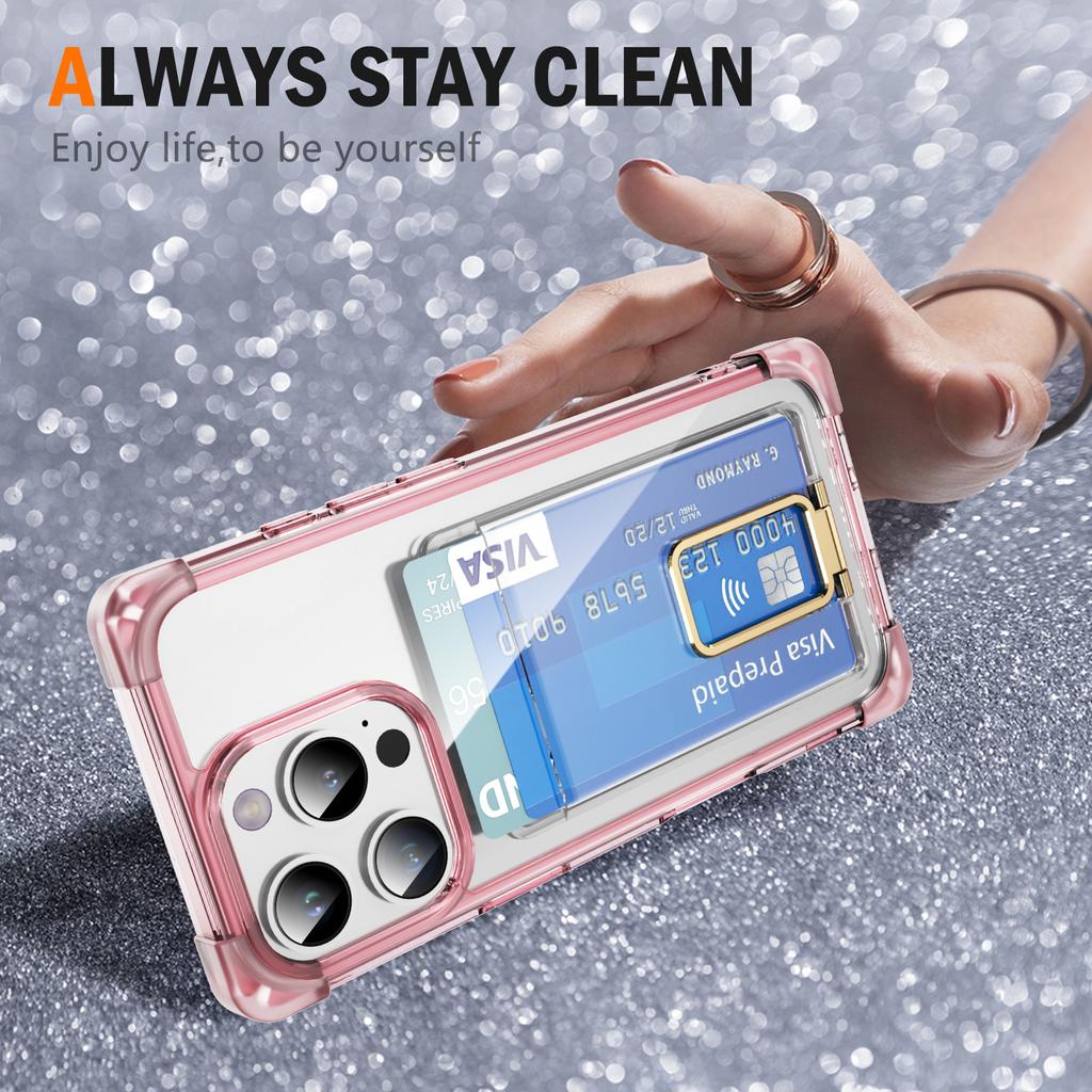 For iPhone 16 Pro Case Reinforced Corners TPU+Acrylic Phone Cover with Kickstand Card Holder