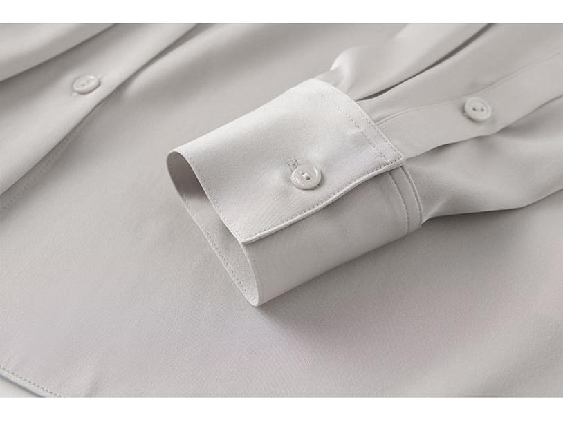 2025 Spring Women's Long Sleeve Mulberry Silk Shirt with Ribbon - Commuter Style, Slim Fit, Solid Color