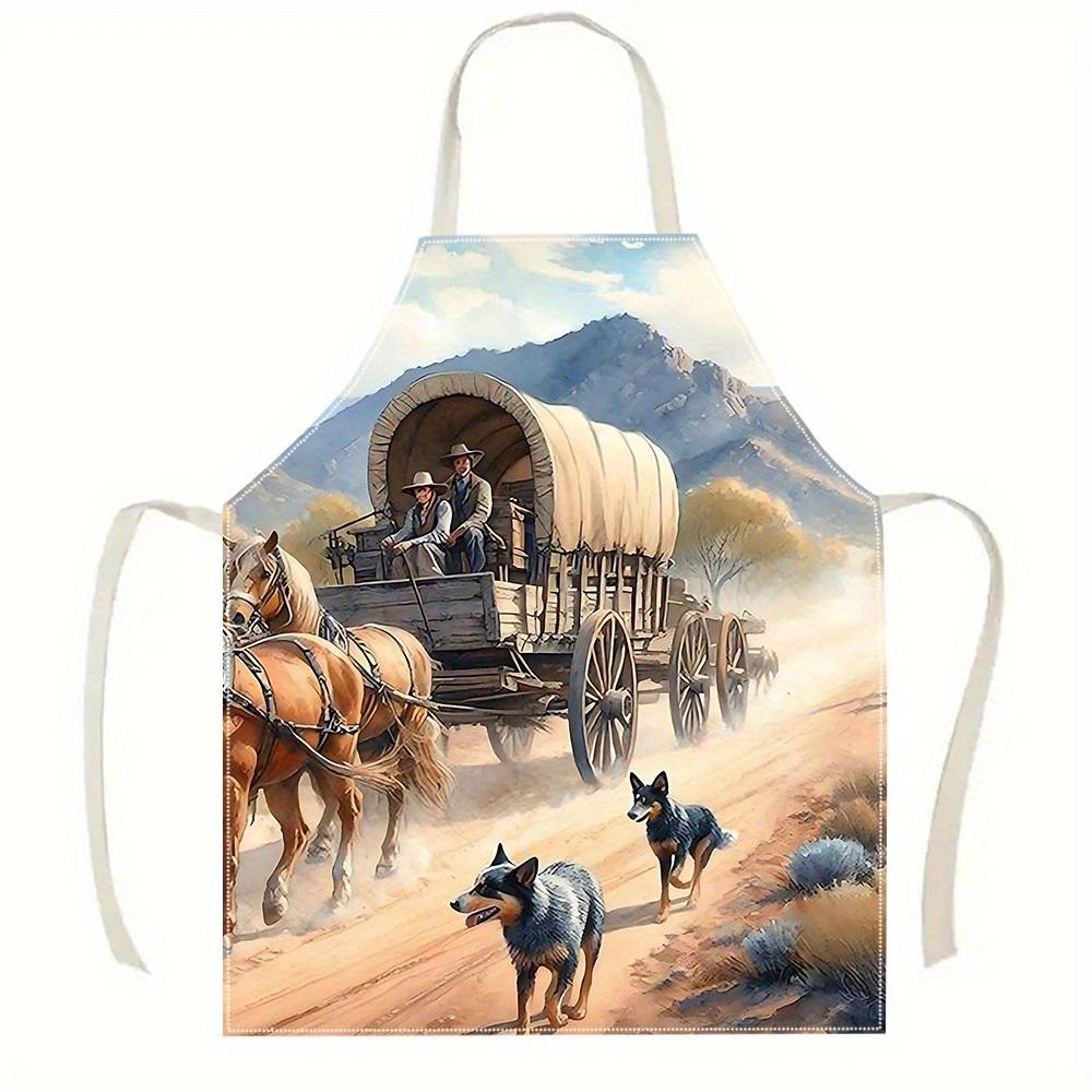 

1pc Horse Drawn Carriage Apron Linen Vintage Western Kitchen Cooking Baking Smock Adult Chef Gift Men Women Historical Art 38X47cm(15X19in)