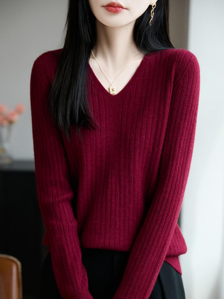 Women's V-Neck Ribbed Knit Sweater - Slim-Fit Long-Sleeve Top for Autumn/Winter 2025
