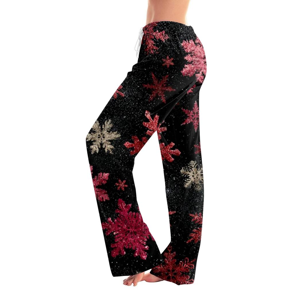 Ladies' Loose And Casual Christmas Printed Wide Leg Pants With Elastic Waistband Drawstring And Pocket Pants