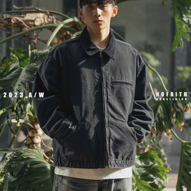 "Men's Vintage Detroit Workwear Jacket - Washed & Distressed Lapel, Loose Baseball Style for Spring & Autumn"