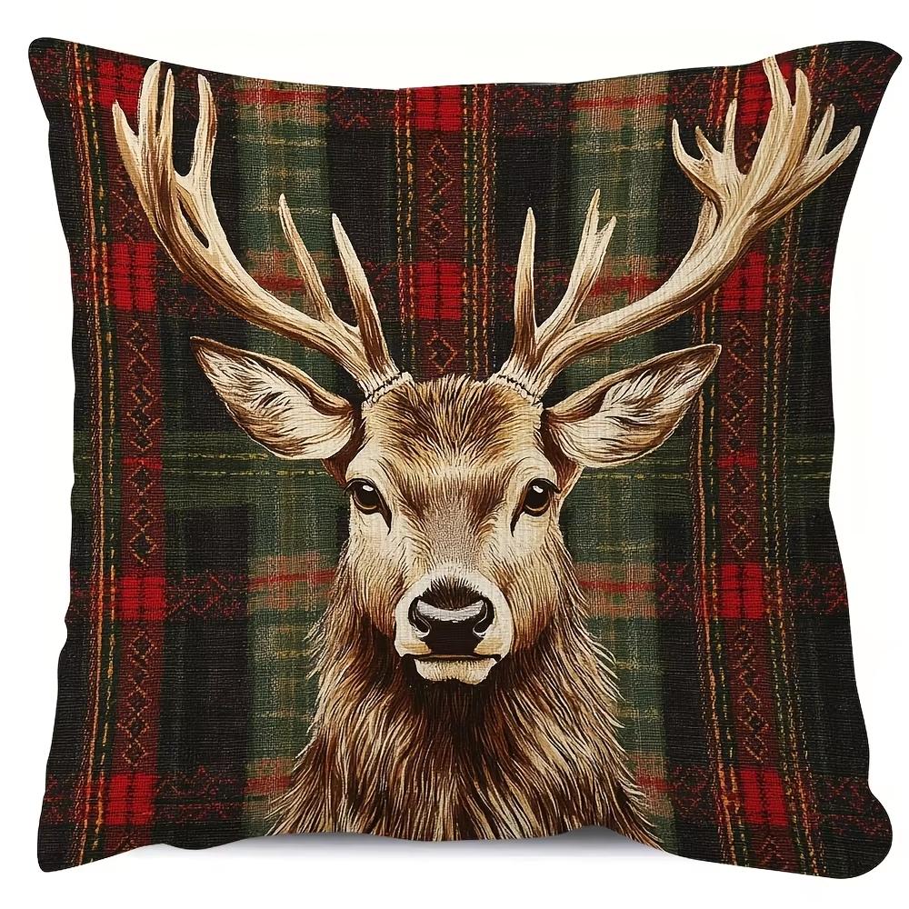 1 Stück Vintage karierter Hirsch Kissenbezug, Polyester 2D beidseitiger Druck, Feiertagsgeschenk Kissenhülle für Schlafzimmer Sofa