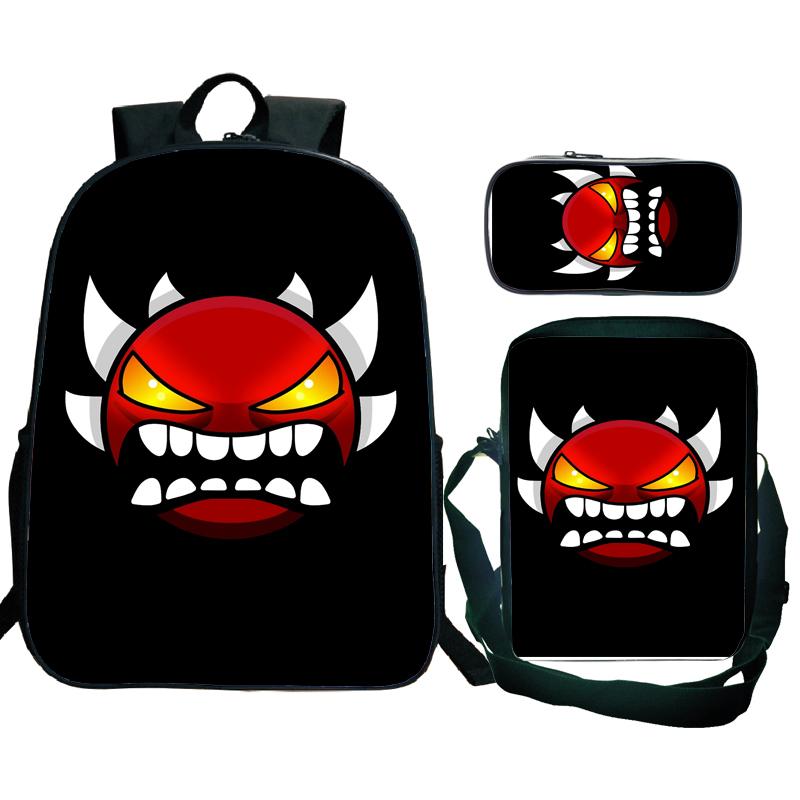 Angry Geometry Dash Backpack 3pcs School Bag Waterproof Student Girls Boys Children Mochila with Pen Bag