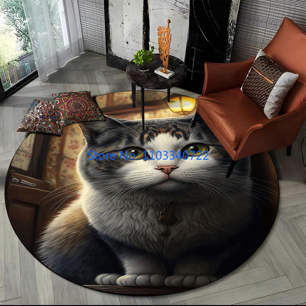 Cute Calico Cat Persian Cat Ragdoll Rug Round Carpet 120cm Crawling Game Non-slip Floor Mat for Kids Bedroom Living Room Decor