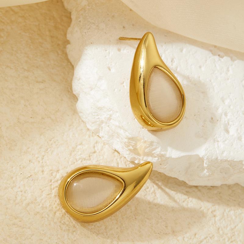 Niche Water Drop Shape Stainless Steel Earrings with Colored Natural Stones - Stylish Retro Women's Studs
