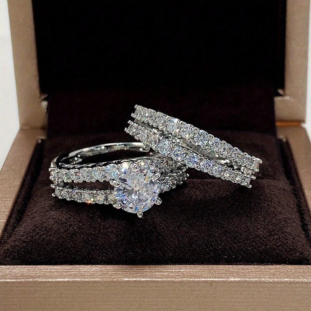 2pcs/Set Of Double-Layer Zircon Set Rings For Brides' Wedding Rings, Light Luxury Sparkling Versatile Handmade Rings