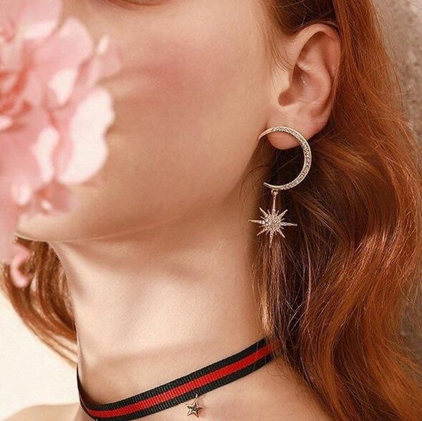Women's 925 Silver Plated Moon Earrings with Cubic Zirconia and Sparkling Octagonal Star Pendant - Elegant Fashion Jewelry for W