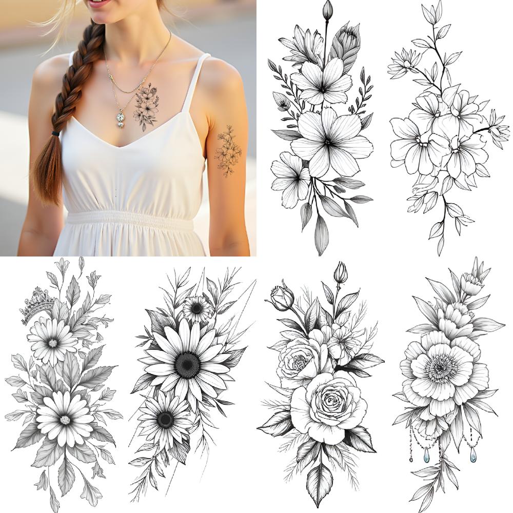 9 Piezas Tatuaje Temporal Impermeable Duradero Pegatinas Corporales Mariposa Con Flores Ramo De Flores Arreglo Floral Para