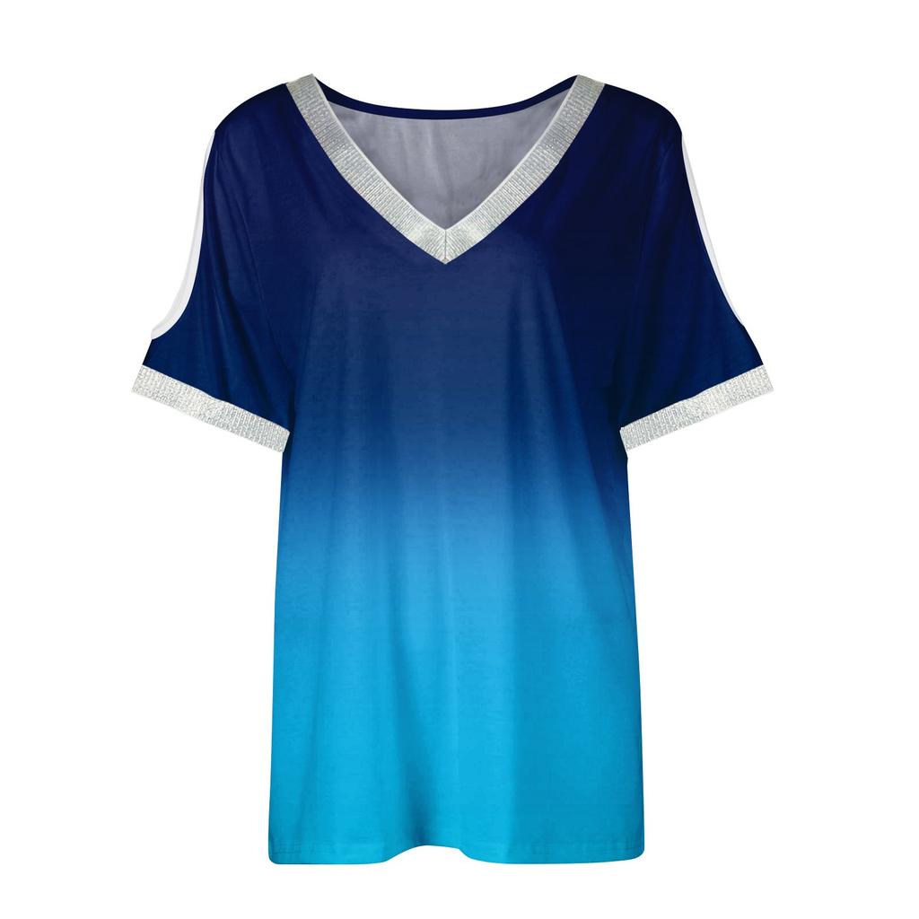 Women's Summer Loose T-shirt Gradient Color Printed Casual V-neck Sequin Short-sleeved Top