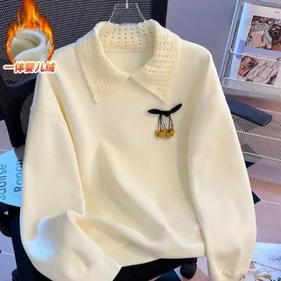 Women Long Sleeve Fleece Thick Polo Neck Lace Trim Loose Sweatshirt