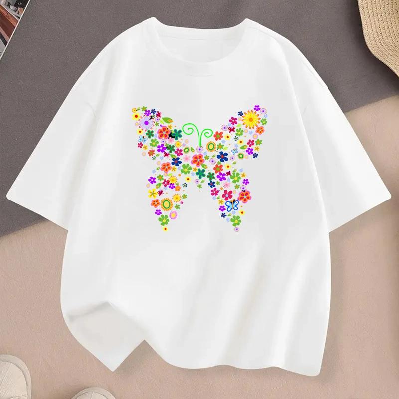Farbenfrohes T-Shirt für Teenager mit Schmetterlingsdruck Mädchen Sommer Lässig Niedlich Mode O-Ausschnitt Kurzarm Kinder Oberteile Kleidung T-Shirt