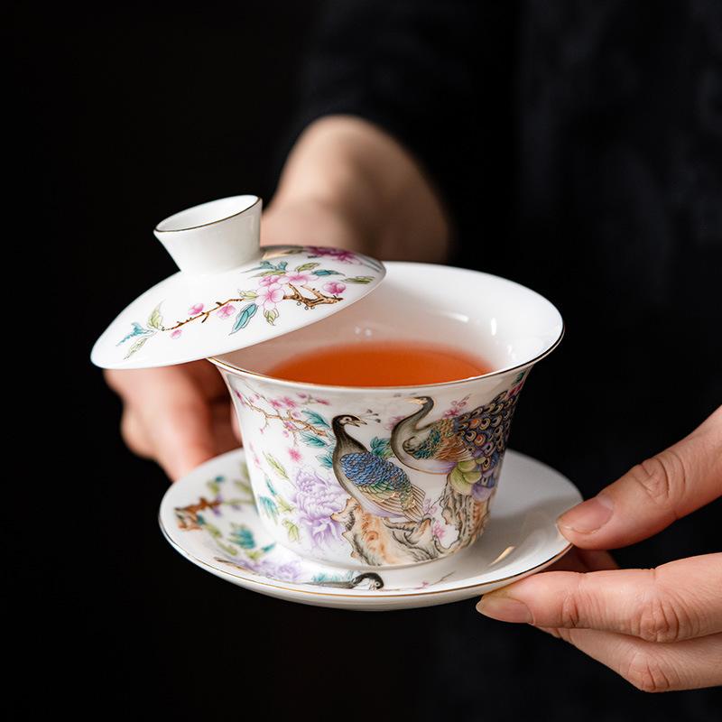 Leather box suet jade peacock kung fu tea set hover cover bowl phoenix pot gift box set high-end office gift