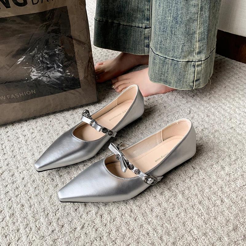 Bow Pointed Toe Flats Shoes Women Marie Janes Sexy Sandals 2025 Summer Loafers Shallow Dress Shoes Woman Designer Retro Zapatos