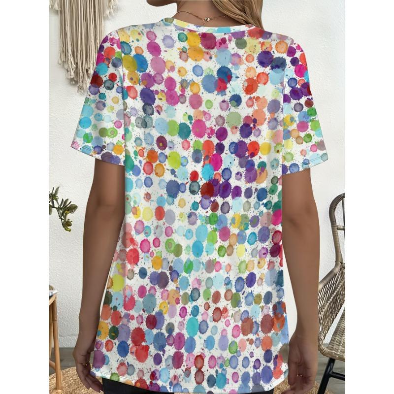 Large size women's T-shirt with colorful watercolor polka dot pattern and front pockets