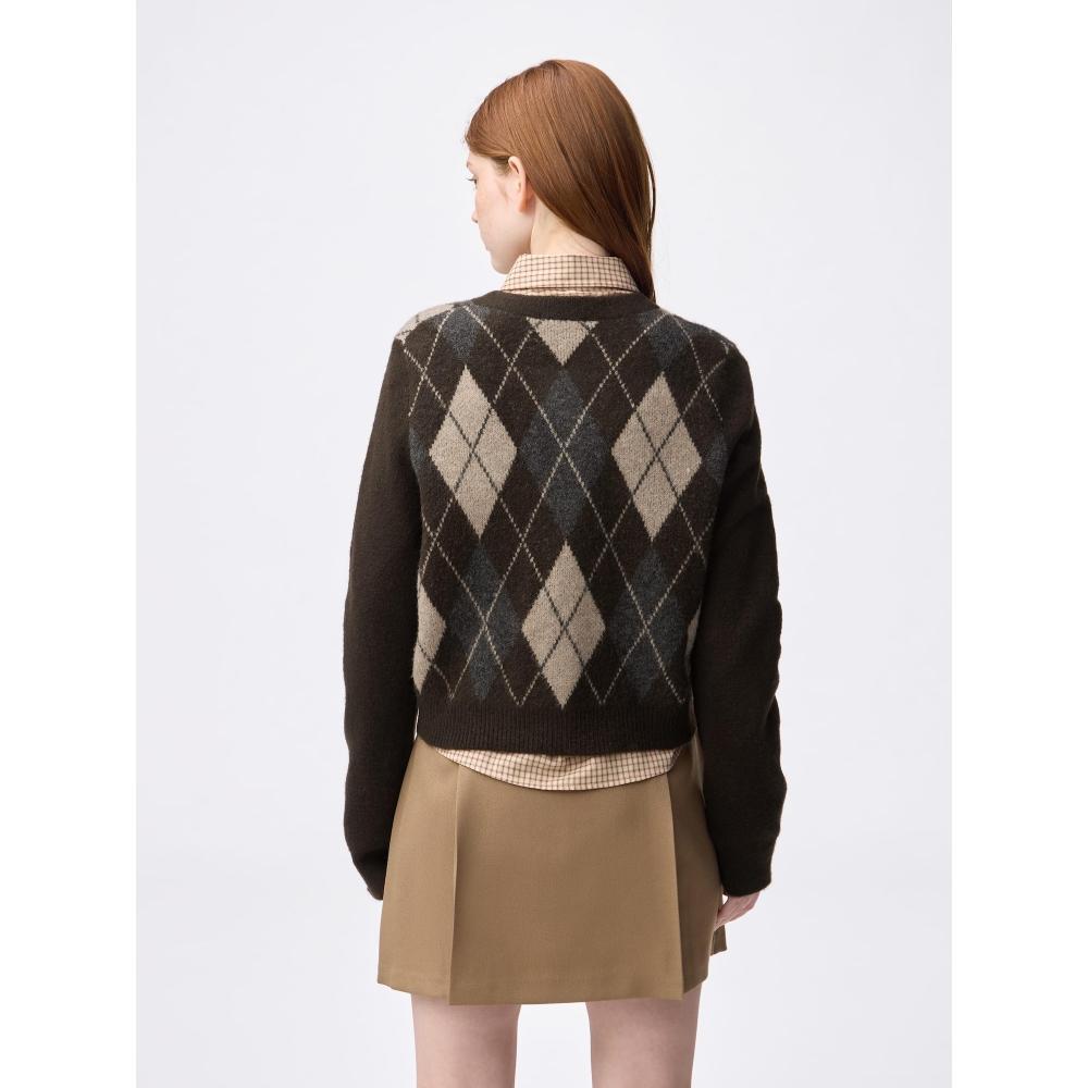 Uniqlo Gu Puff Knit Argyle Crew Neck Short Cardigan